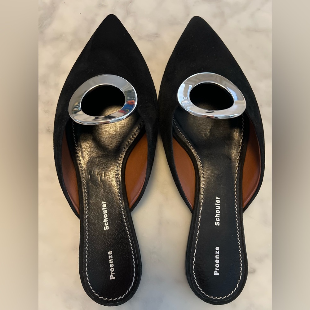 PROENZA SCHOULER Suede Black Slide Mules with Silver Accent